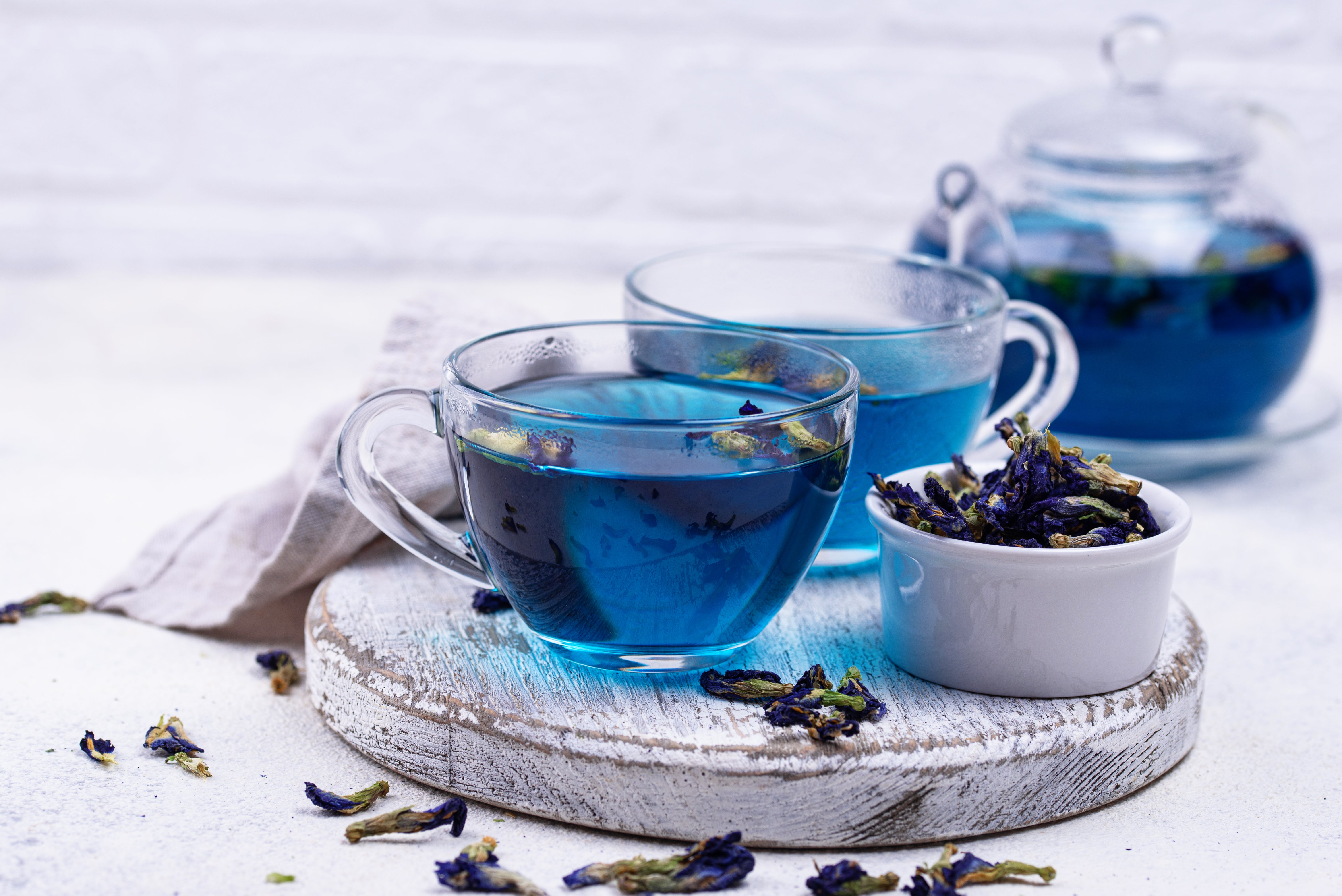Two glass teacups and a teapot filled with vibrant blue butterfly pea (blue pea) tea on a wooden board with dried blue pea flowers
