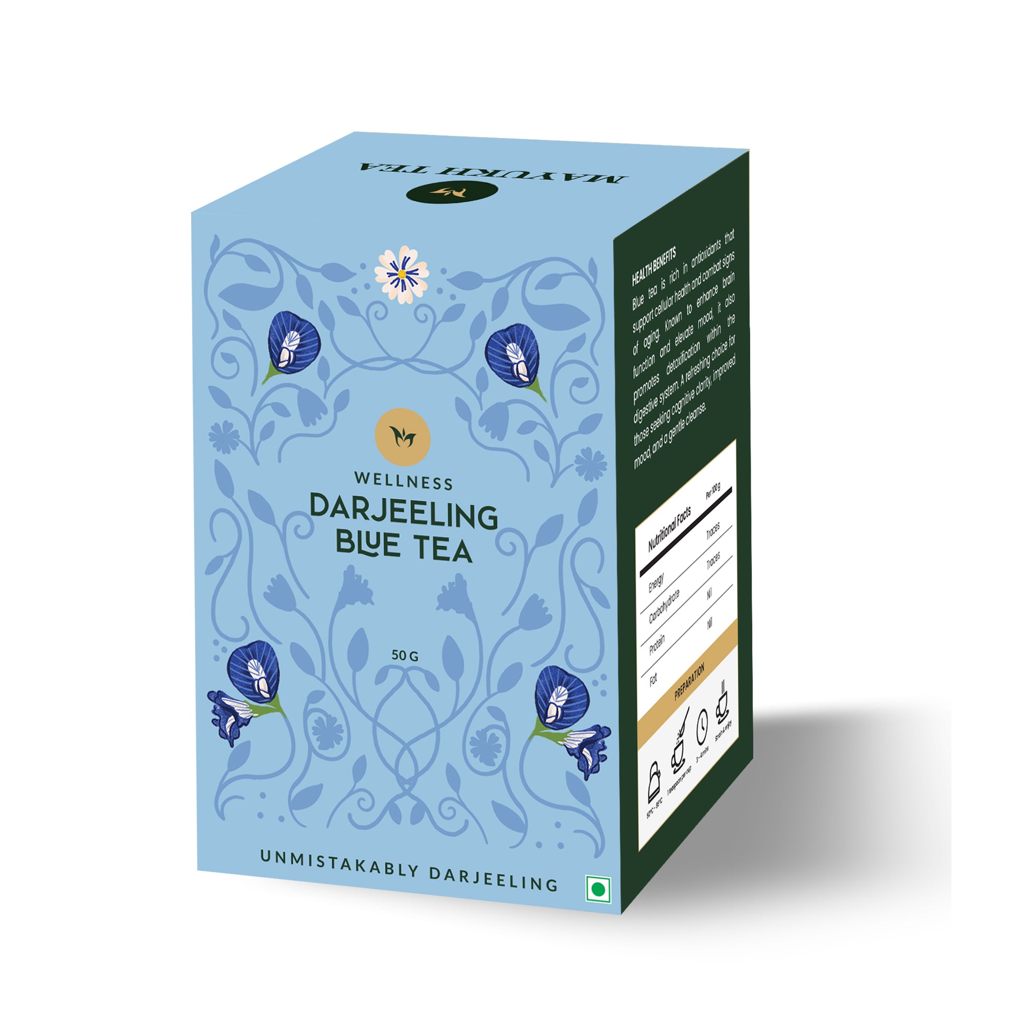 Packet of butterfly pea blue tea – Darjeeling Blue Tea 50g by Mayukh Tea
