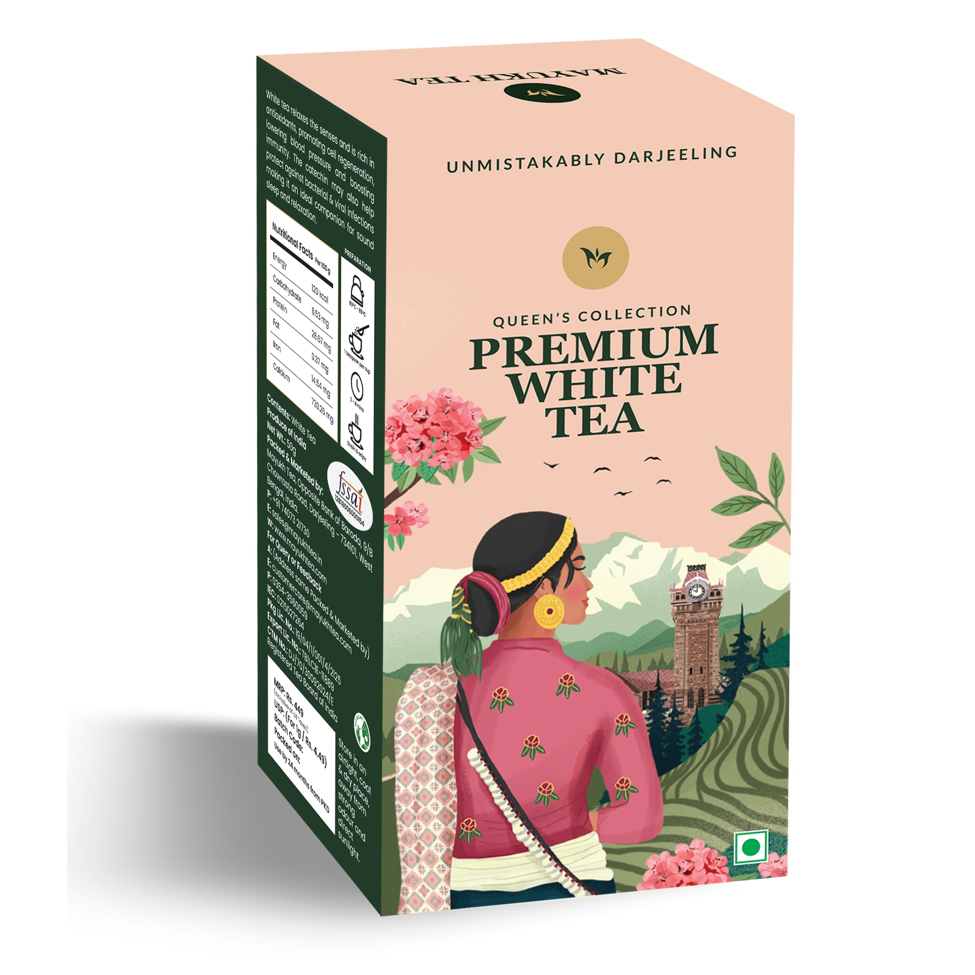 Exquisite Darjeeling white tea, long leaf variety, handpicked for a refined and smooth tea experience