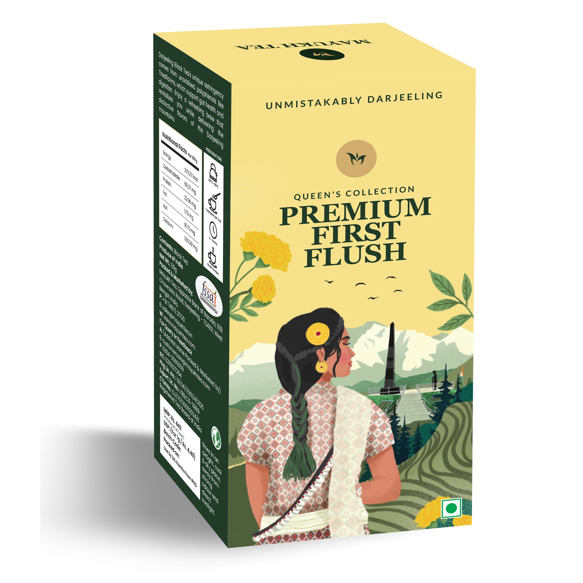 First Flush Darjeeling black tea, premium long leaves, offering a smooth and fragrant cup
