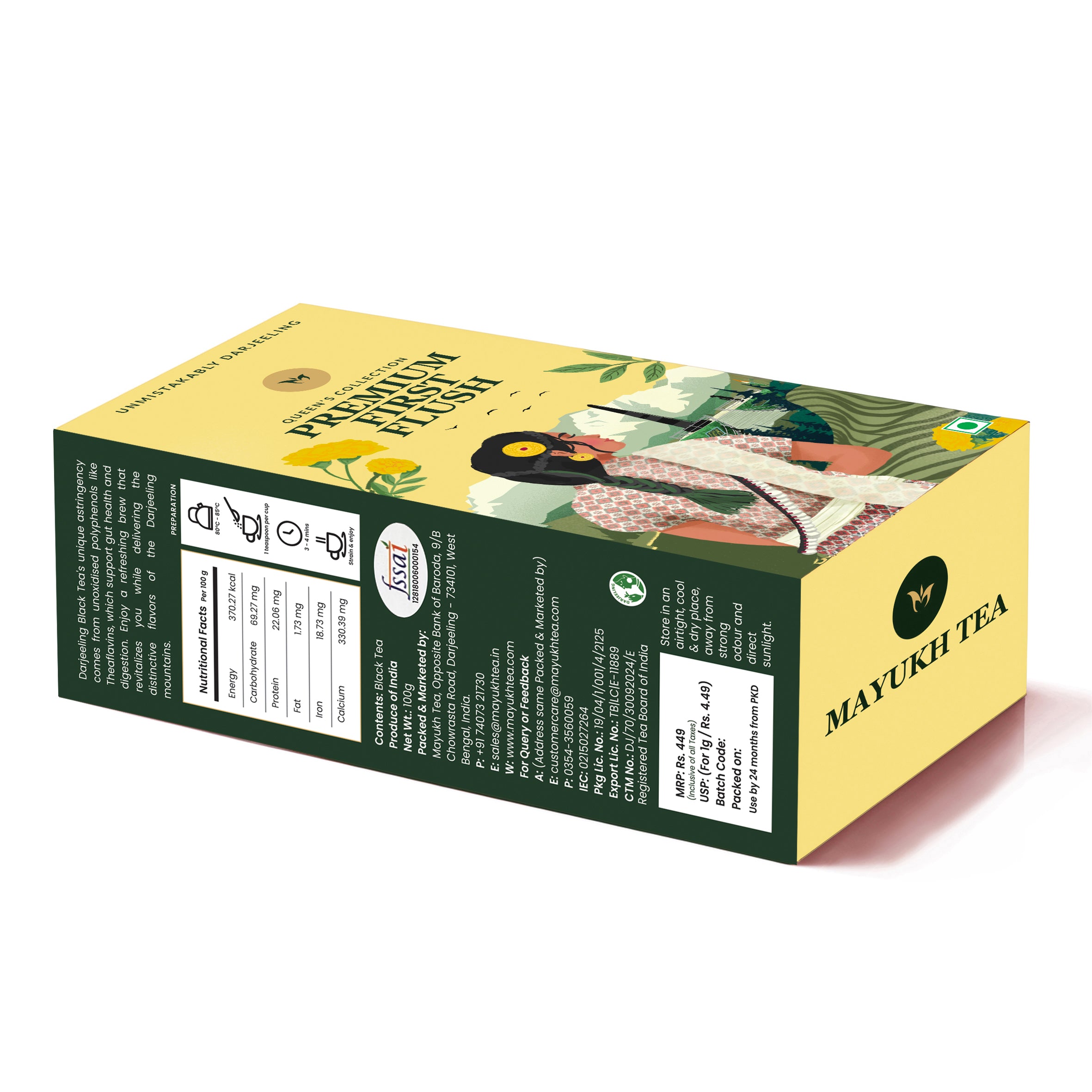 Handpicked Darjeeling First Flush black tea with long leaves, rich muscatel notes, ideal for tea enthusiasts