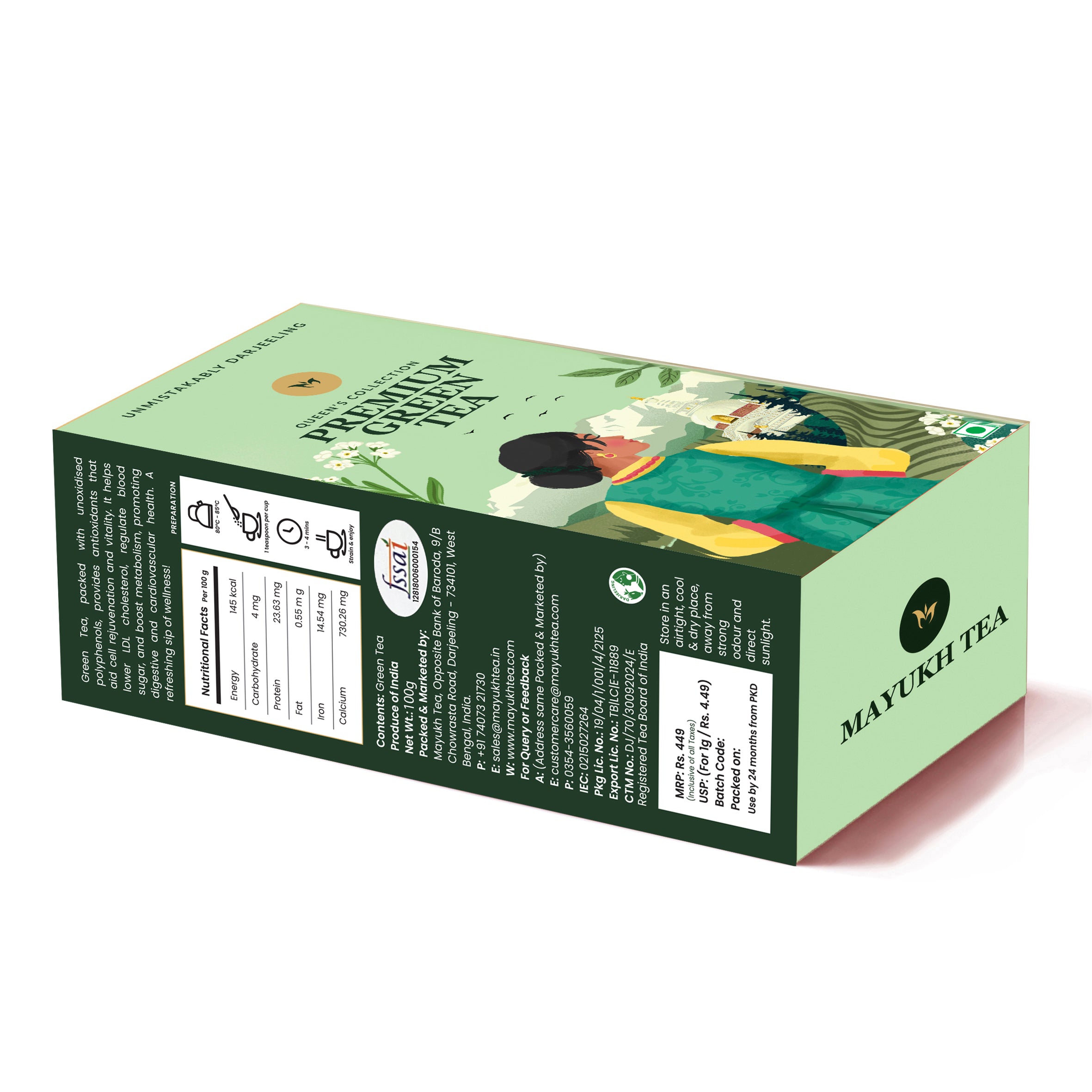 Handpicked Darjeeling green tea with long leaves, vibrant aroma and gentle taste, perfect for daily wellness