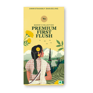 Premium Darjeeling First Flush black tea with long leaves, handpicked for a fresh, floral, and muscatel flavor