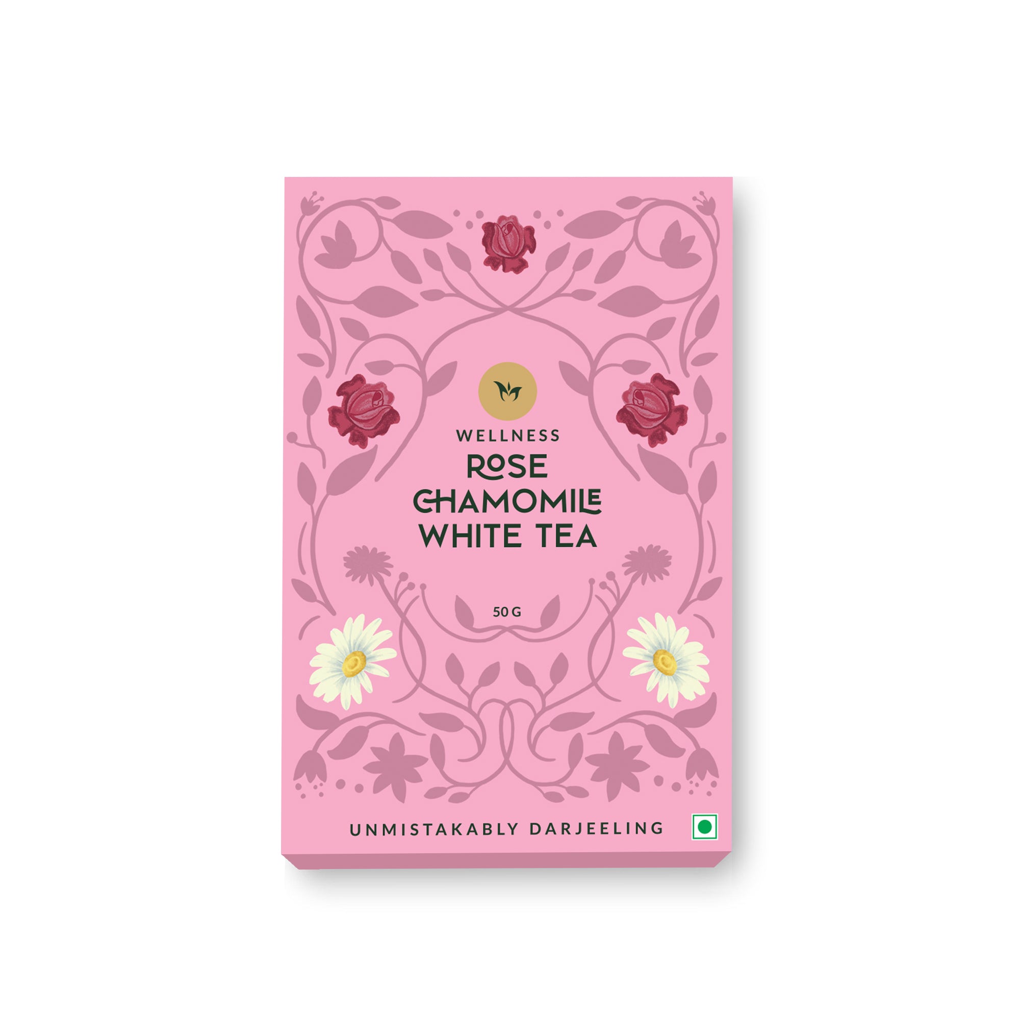 Packaging of Rose Chamomile White Tea with floral designs and the text 'Wellness', 'Rose', 'Chamomile', 'White Tea', and 'Unmistakably Darjeeling'.