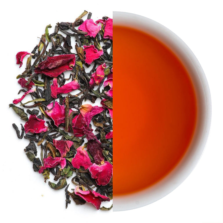 Black tea blended with dried rose petals for floral aroma