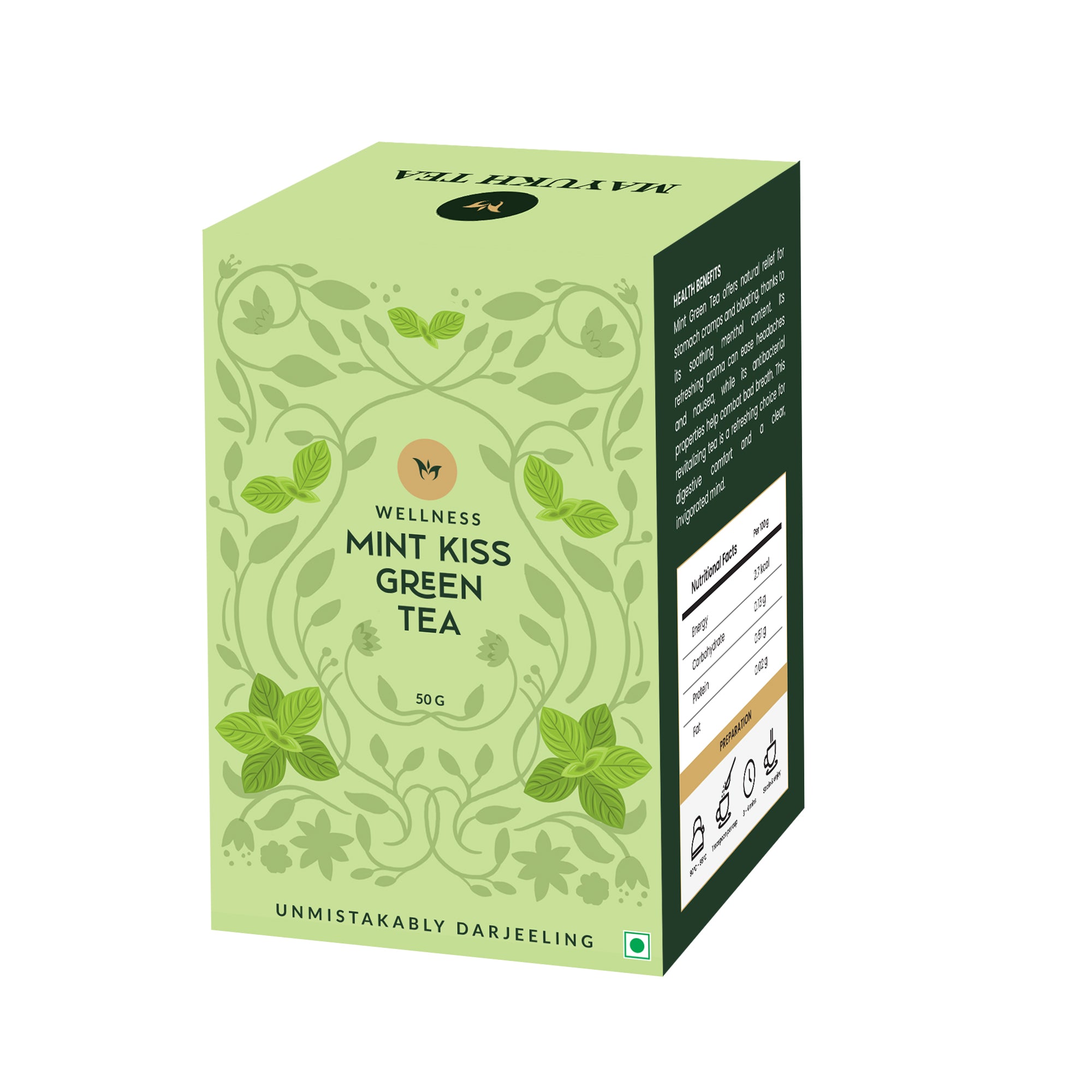 Green tea blended with natural mint leaves for cooling flavor