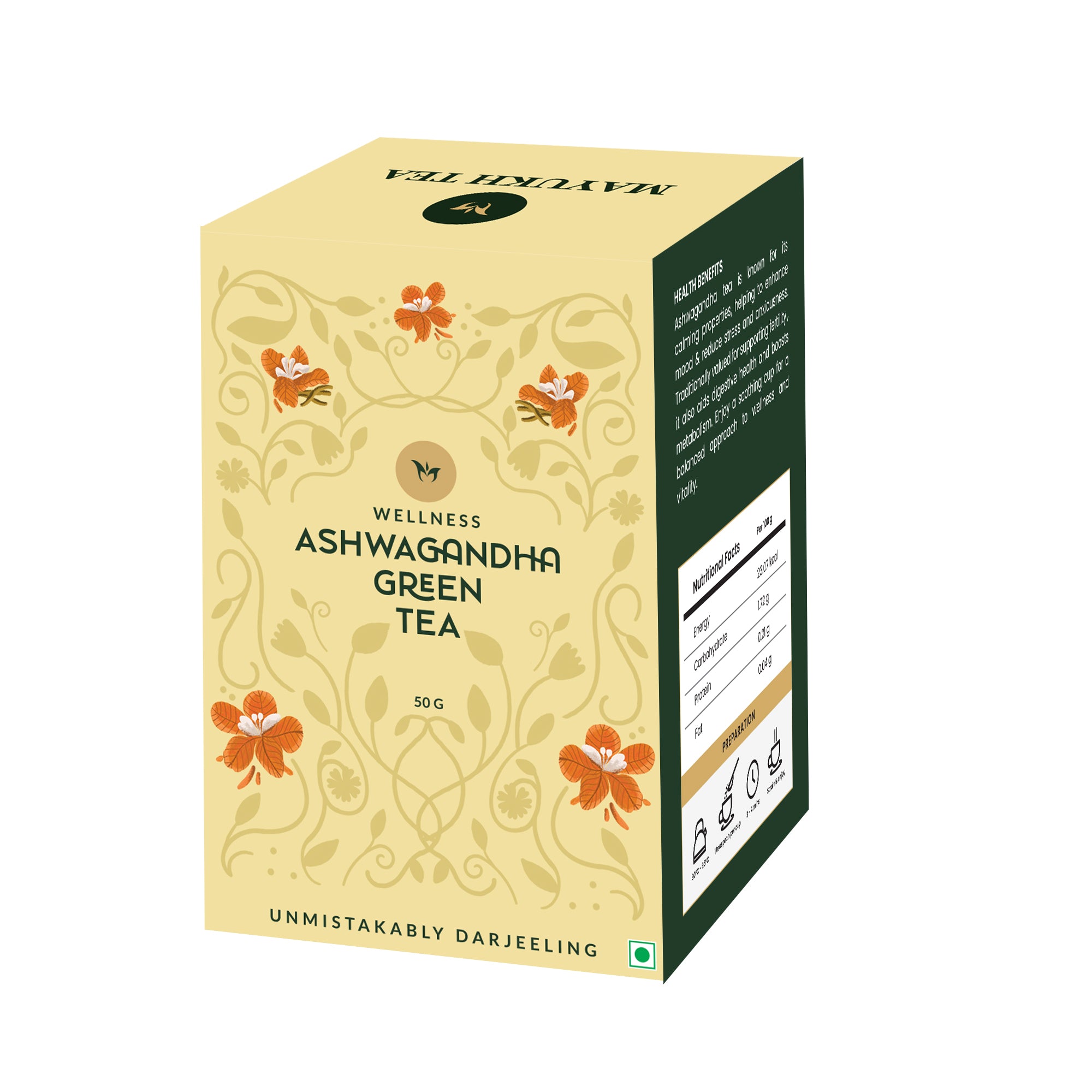 Herbal ashwagandha green tea infusion inspired by Ayurveda
