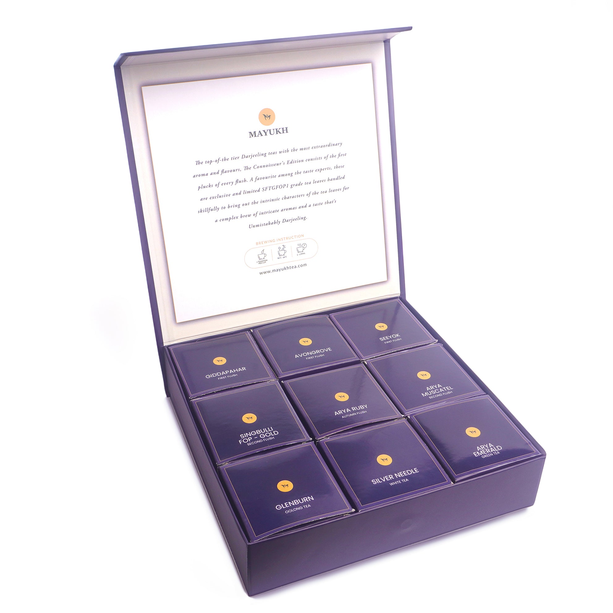 Assorted Darjeeling teas including Arya Emerald Green, Glenburn Oolong, and Silver Needle White Tea.