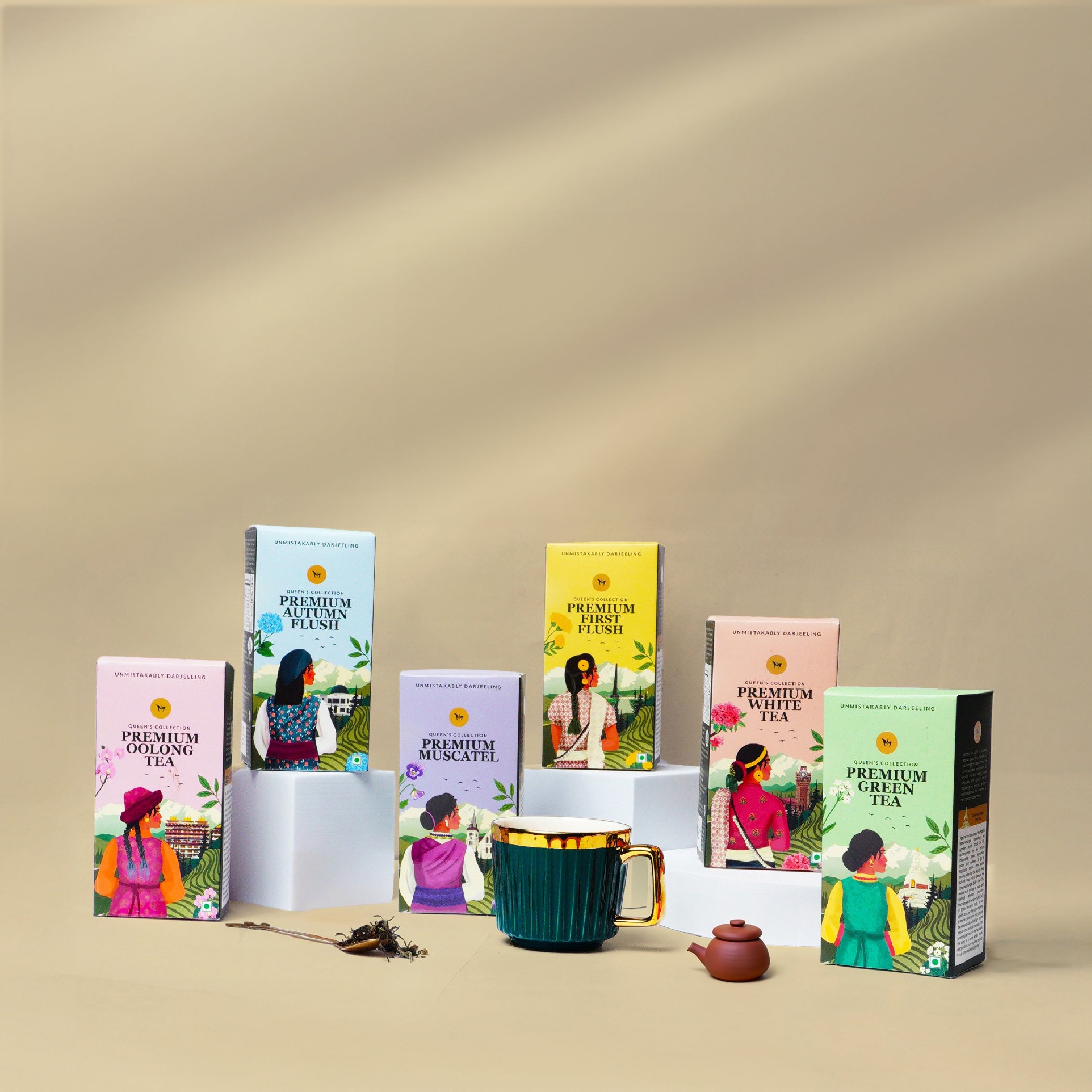 Assorted premium Darjeeling teas including Autumn Flush black, First Flush black, Muscatel Second Flush black, green, white, and oolong for a rich, flavorful tea collection