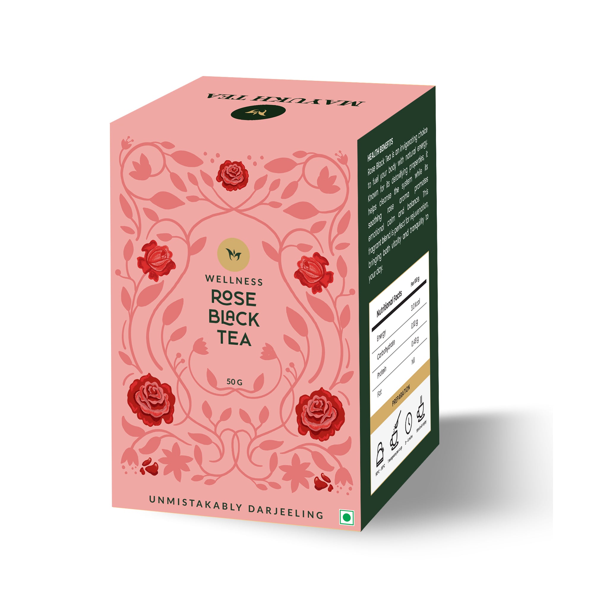 Rose infused Darjeeling black tea offering soft floral sweetness