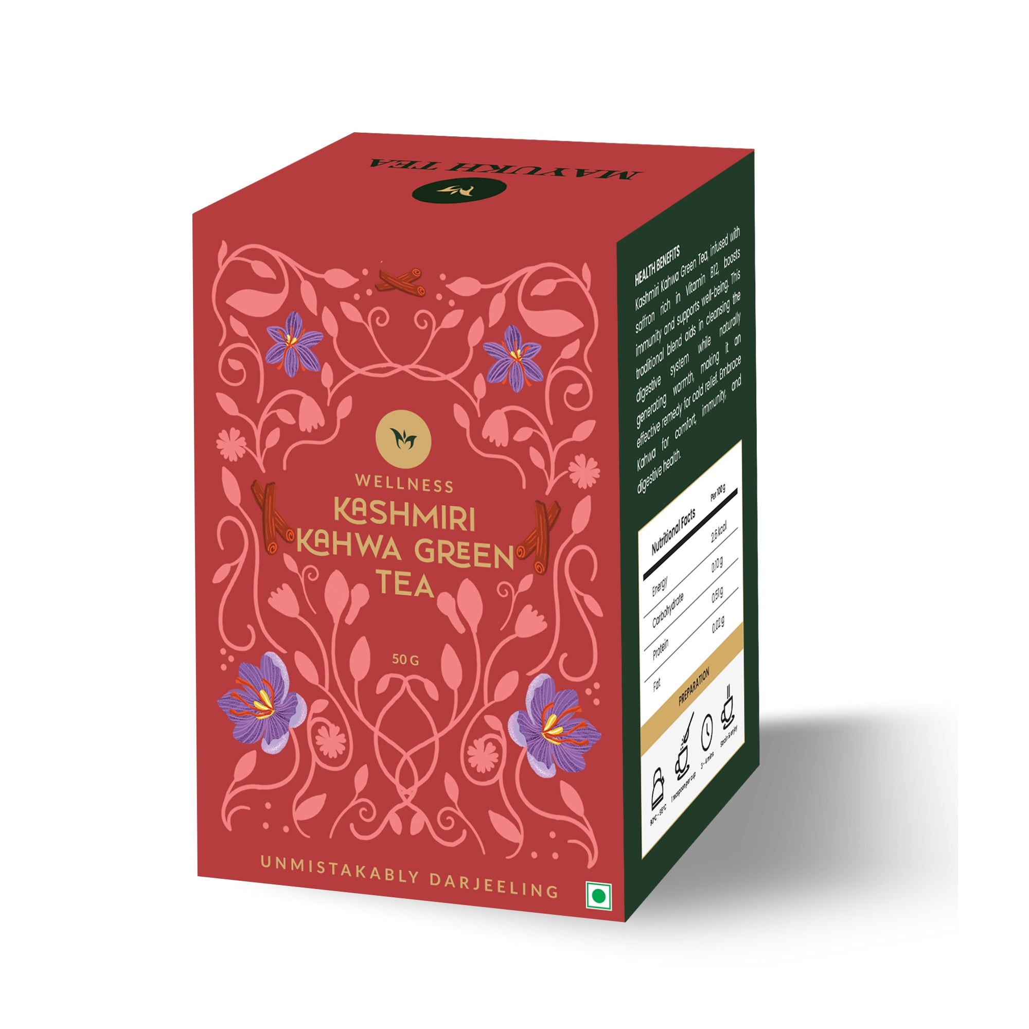 Green tea blended with saffron, cinnamon, and cardamom for warm flavor