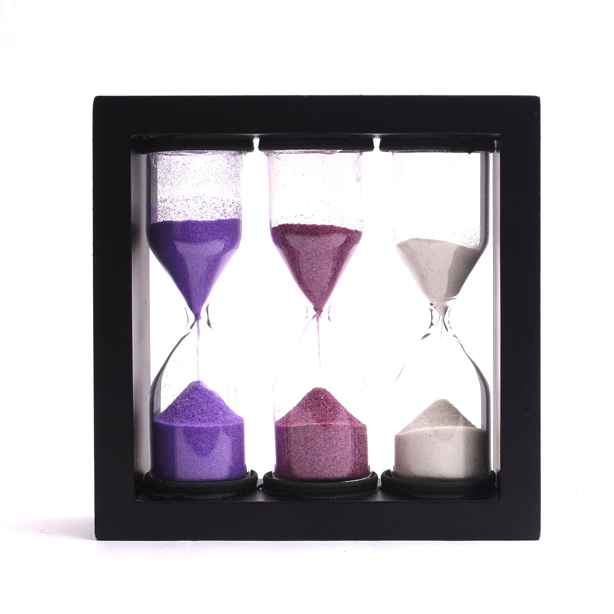 Triple mounted hourglass tea timer for 3, 4 and 5 minute brewing