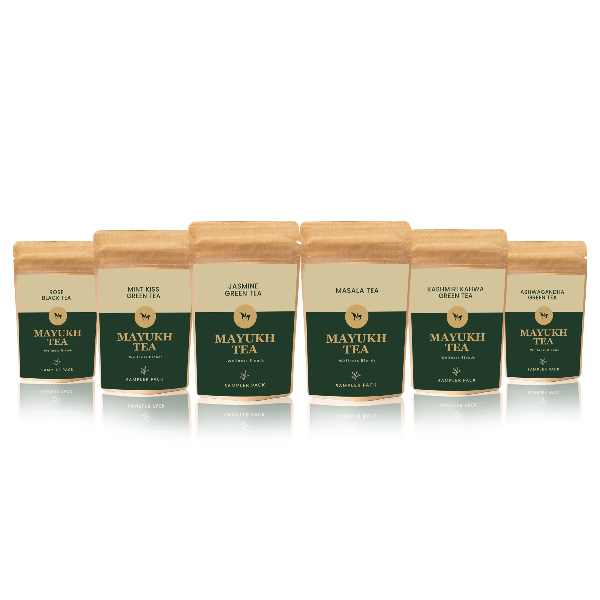 Wellness Blends Sampler Pack Of 6 – Premium herbal and green teas from Mayukh Tea, featuring Masala, Kashmiri Kahwa, Rose Black, Jasmine, Mint Kiss, and Ashwagandha teas for health and wellness. Buy online.
