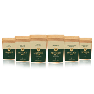 Wellness Blends Sampler Pack Of 6 – Premium herbal and green teas from Mayukh Tea, featuring Masala, Kashmiri Kahwa, Rose Black, Jasmine, Mint Kiss, and Ashwagandha teas for health and wellness. Buy online.
